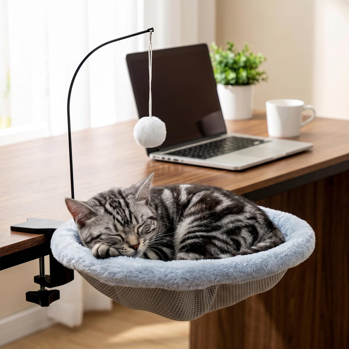 • DeskBuddy™ Sunken Cat Desk Bed – Heavy-Duty Clamp-On Cat Hammock (Holds up to 40 lbs) | Space-Saving 14" Washable Cat Perch for Home Office 🐱💻