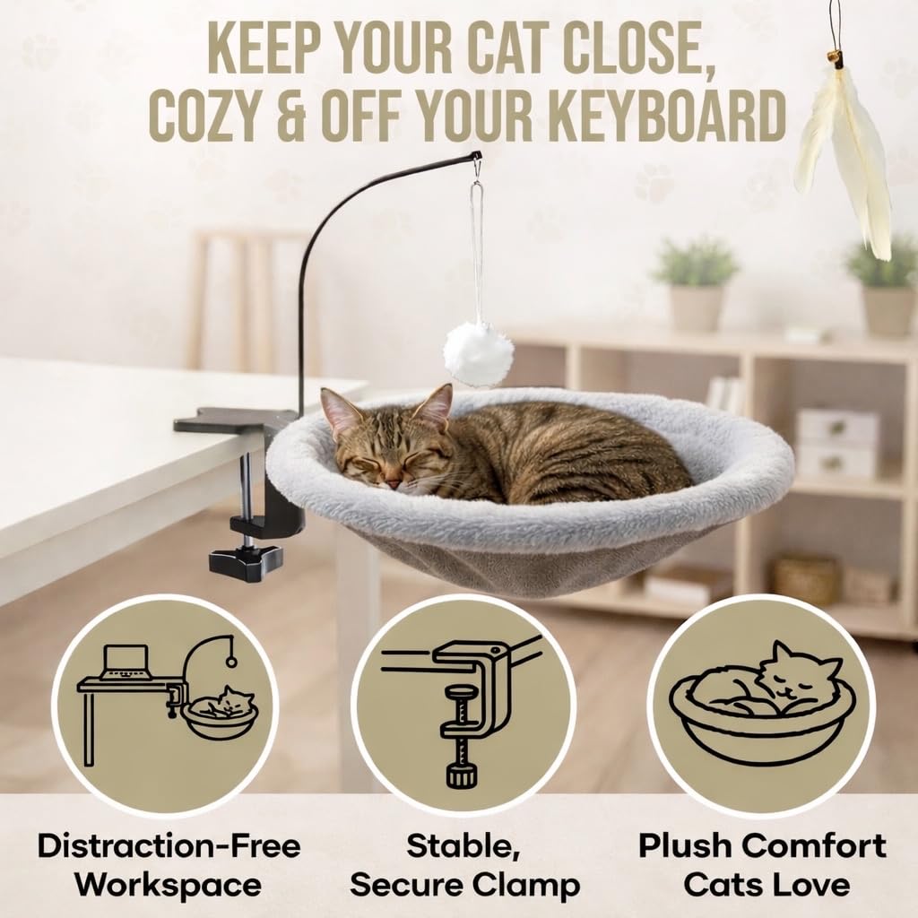 • DeskBuddy™ Sunken Cat Desk Bed – Heavy-Duty Clamp-On Cat Hammock (Holds up to 40 lbs) | Space-Saving 14" Washable Cat Perch for Home Office 🐱💻