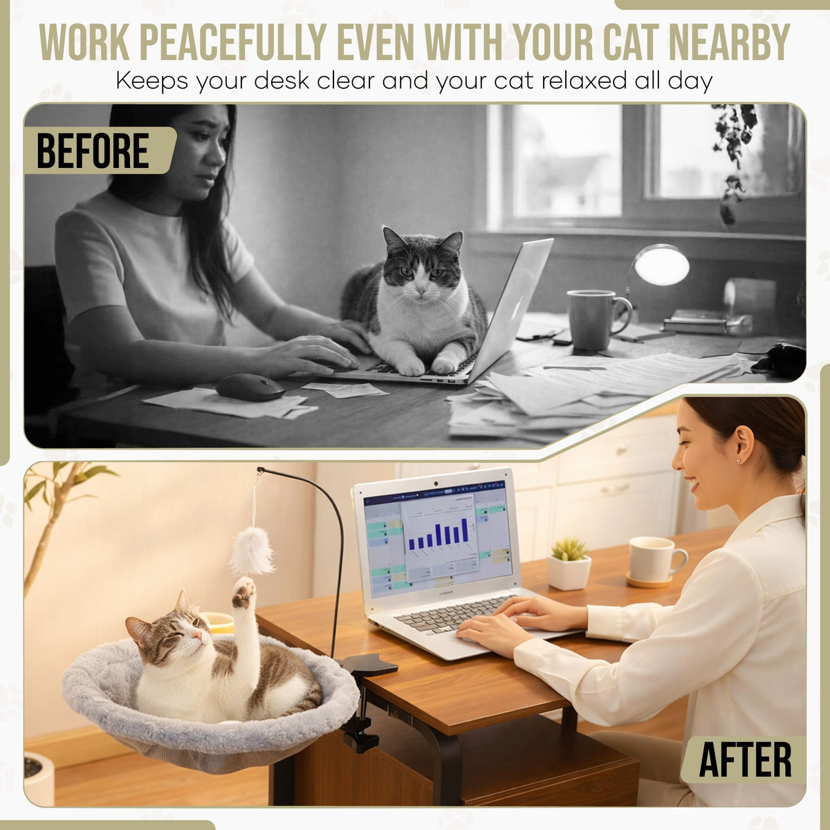 • DeskBuddy™ Sunken Cat Desk Bed – Heavy-Duty Clamp-On Cat Hammock (Holds up to 40 lbs) | Space-Saving 14" Washable Cat Perch for Home Office 🐱💻