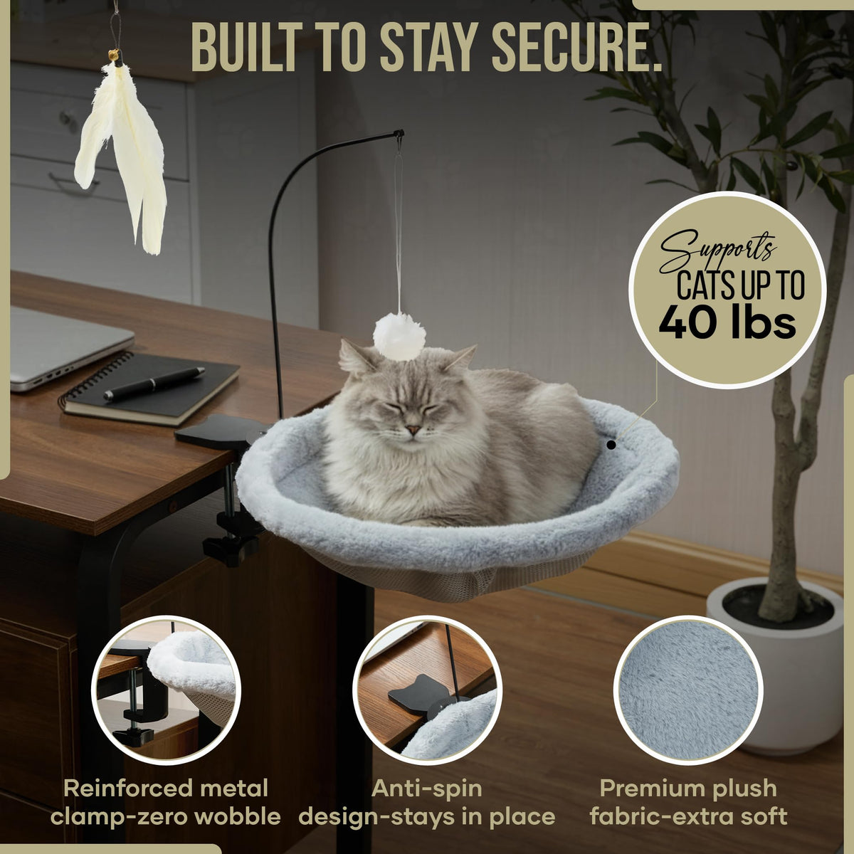 • DeskBuddy™ Sunken Cat Desk Bed – Heavy-Duty Clamp-On Cat Hammock (Holds up to 40 lbs) | Space-Saving 14" Washable Cat Perch for Home Office 🐱💻