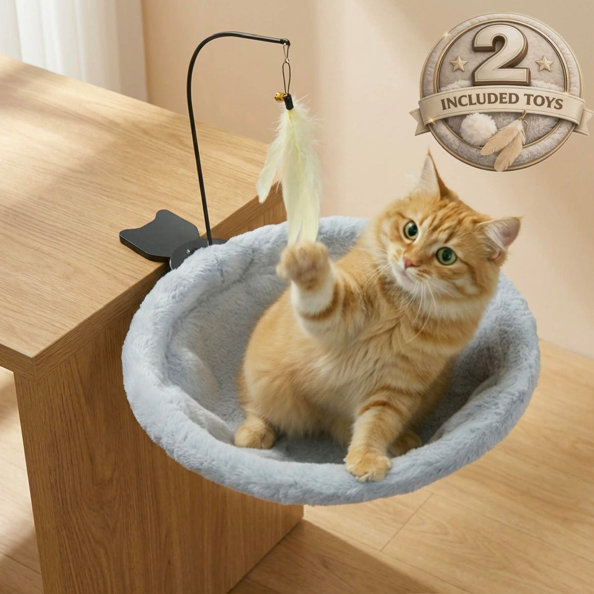 • DeskBuddy™ Sunken Cat Desk Bed – Heavy-Duty Clamp-On Cat Hammock (Holds up to 40 lbs) | Space-Saving 14" Washable Cat Perch for Home Office 🐱💻