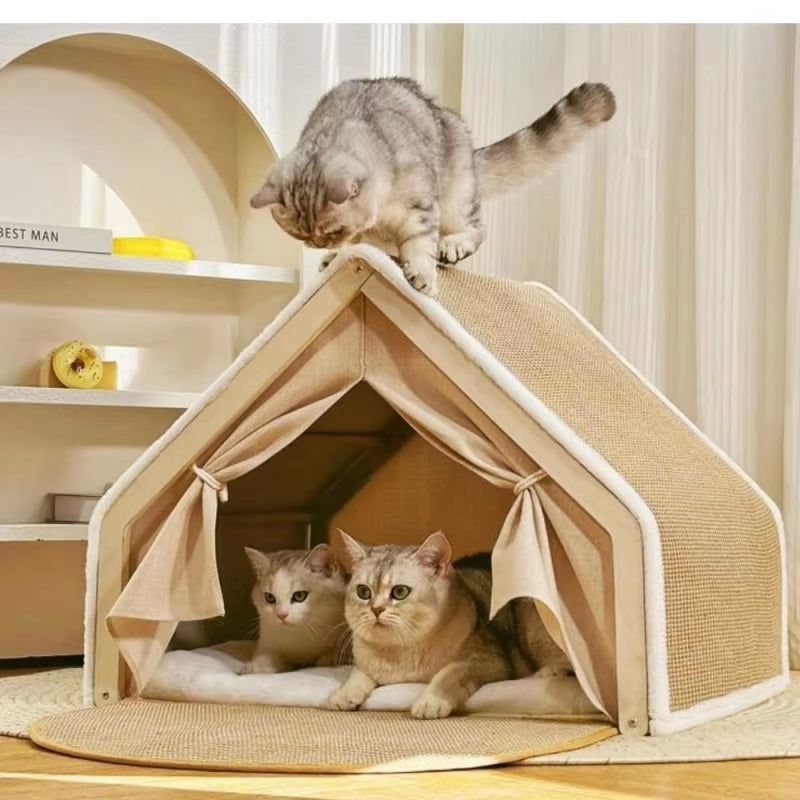 🐱 Wooden Cat Villa Tent with Sisal Scratcher 🏡 | Cozy All-Season Cat Bed & Indoor Hideout 🐾