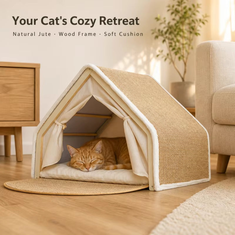 🐱 Wooden Cat Villa Tent with Sisal Scratcher 🏡 | Cozy All-Season Cat Bed & Indoor Hideout 🐾