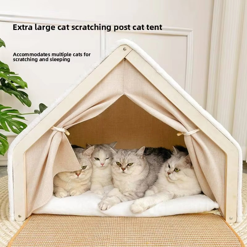 🐱 Wooden Cat Villa Tent with Sisal Scratcher 🏡 | Cozy All-Season Cat Bed & Indoor Hideout 🐾