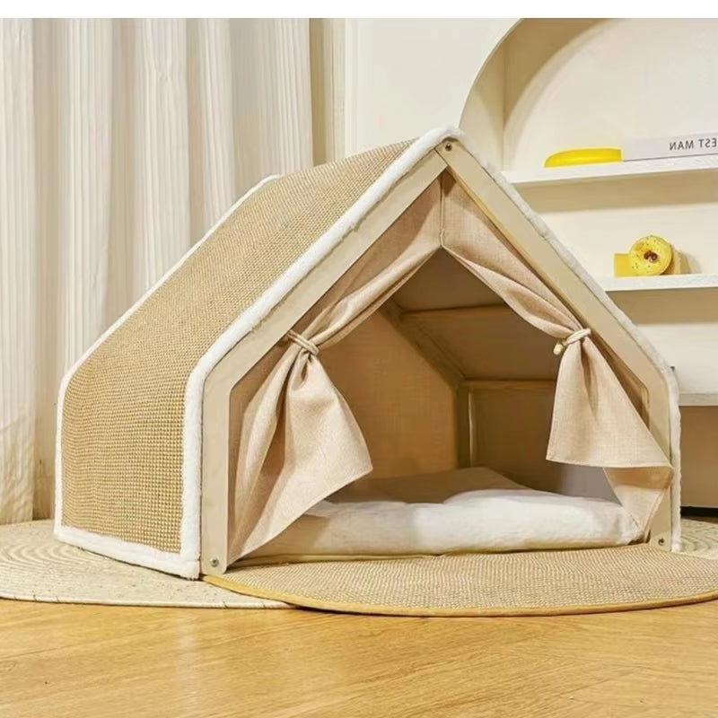 🐱 Wooden Cat Villa Tent with Sisal Scratcher 🏡 | Cozy All-Season Cat Bed & Indoor Hideout 🐾