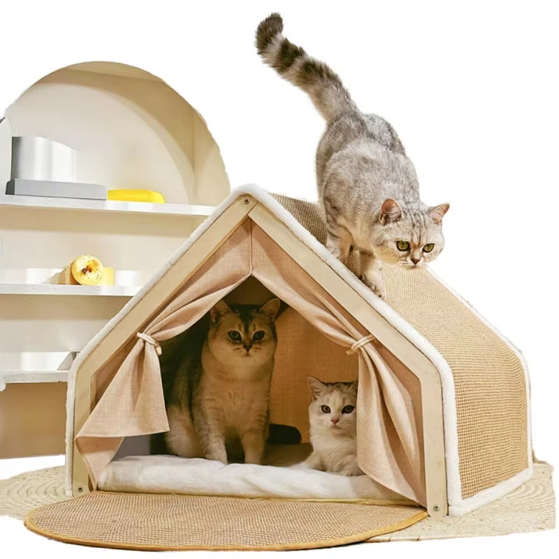 🐱 Wooden Cat Villa Tent with Sisal Scratcher 🏡 | Cozy All-Season Cat Bed & Indoor Hideout 🐾