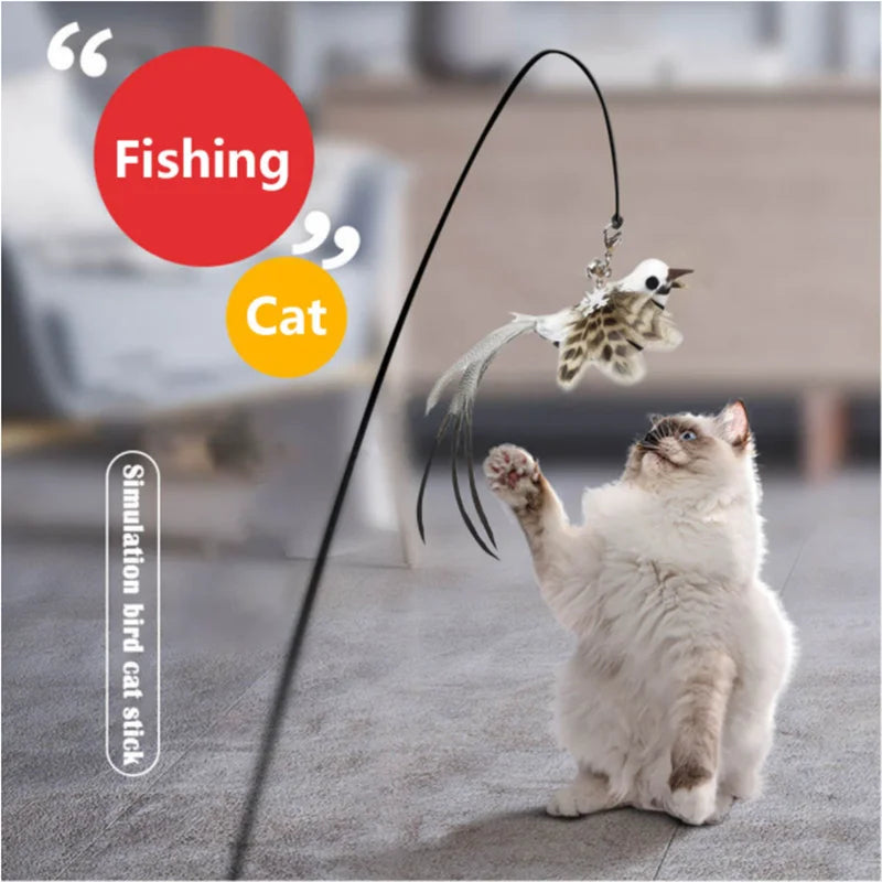 Simulation Bird Interactive Cat Stick Toy – Funny Furry Feather Bird with Bell & Suction Cup (Kitten Playing Pet Accessories)