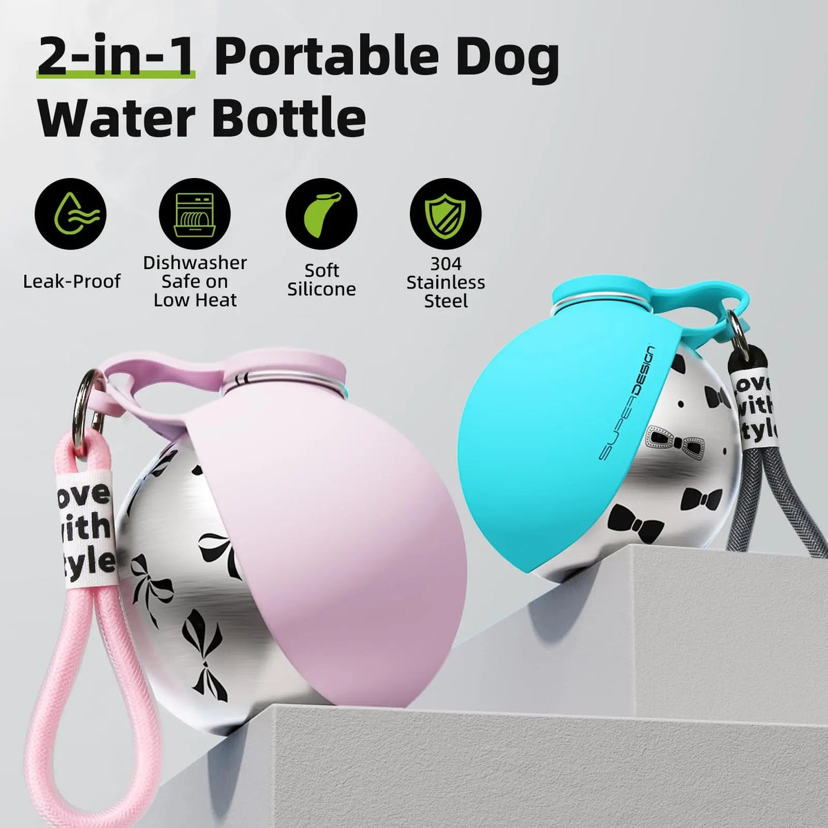 2-in-1 Portable Dog Water Bottle | Leak-Proof Stainless Steel Dog Travel Flask | Compact Pet Dispenser with Foldable Silicone Leaf Bowl 🐶💧