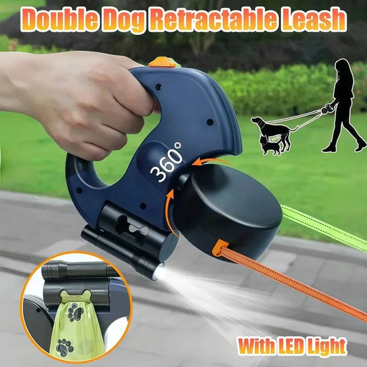 2-in-1 Automatic Telescopic Dual Dog Leash 🐕 | Retractable Double-Headed 360° Tangle-Free Traction Rope 🌀