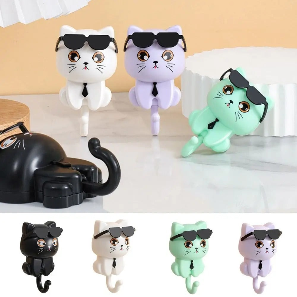 Creative Cartoon Cat Wall Hooks | Decorative Sunglasses Cat Key Hangers | Waterproof Plastic Sticky Utility Hooks for Kitchen, Bathroom & Hallway 🕶️🔑