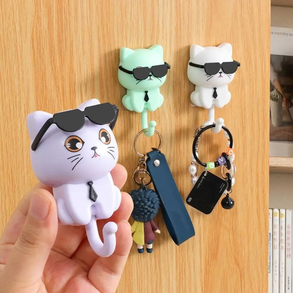 Creative Cartoon Cat Wall Hooks | Decorative Sunglasses Cat Key Hangers | Waterproof Plastic Sticky Utility Hooks for Kitchen, Bathroom & Hallway 🕶️🔑