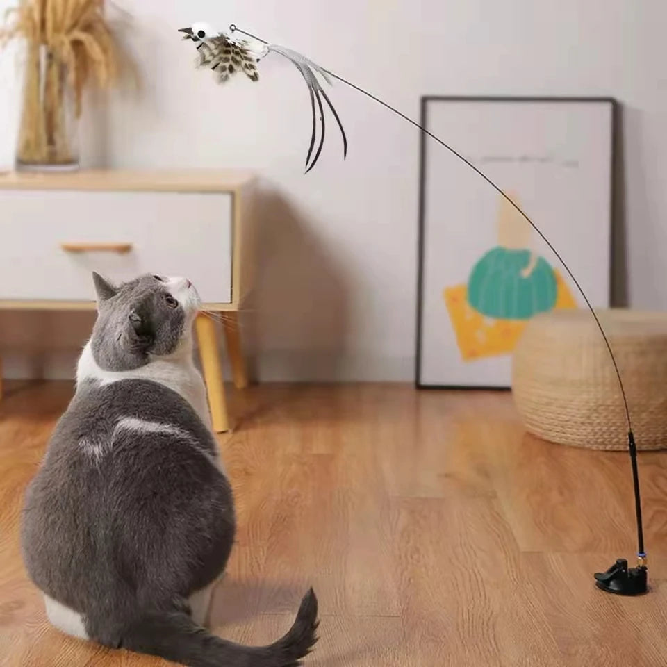 Simulation Bird Interactive Cat Stick Toy – Funny Furry Feather Bird with Bell & Suction Cup (Kitten Playing Pet Accessories)