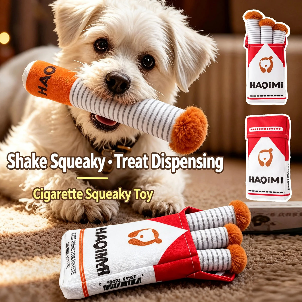 • Funny Cigarette Dog Plush Toy | Squeaky Sound-Making Chew Toy for Boring Times | Durable Teething & Biting Toy for Small & Medium Dogs 🐶✨