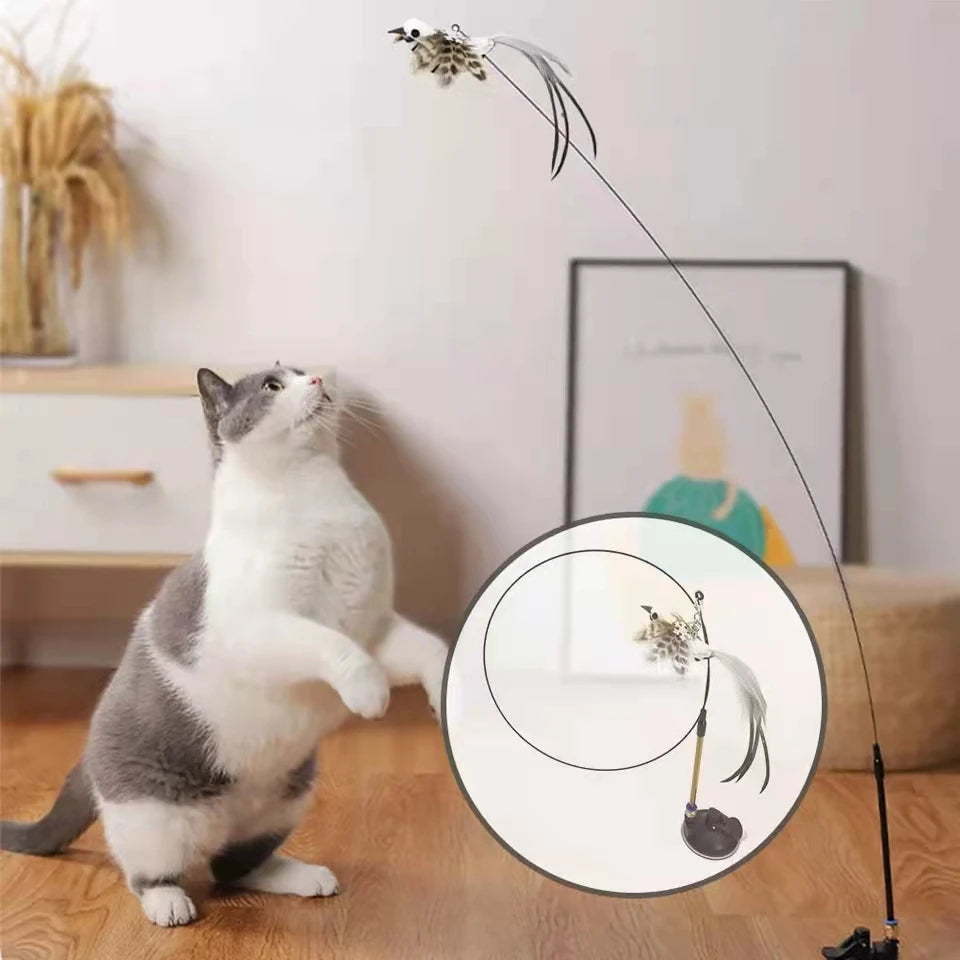 Simulation Bird Interactive Cat Stick Toy – Funny Furry Feather Bird with Bell & Suction Cup (Kitten Playing Pet Accessories)