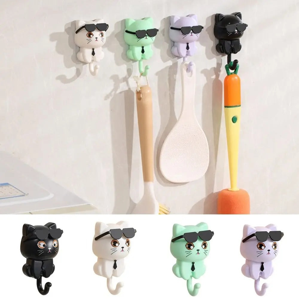 Creative Cartoon Cat Wall Hooks | Decorative Sunglasses Cat Key Hangers | Waterproof Plastic Sticky Utility Hooks for Kitchen, Bathroom & Hallway 🕶️🔑