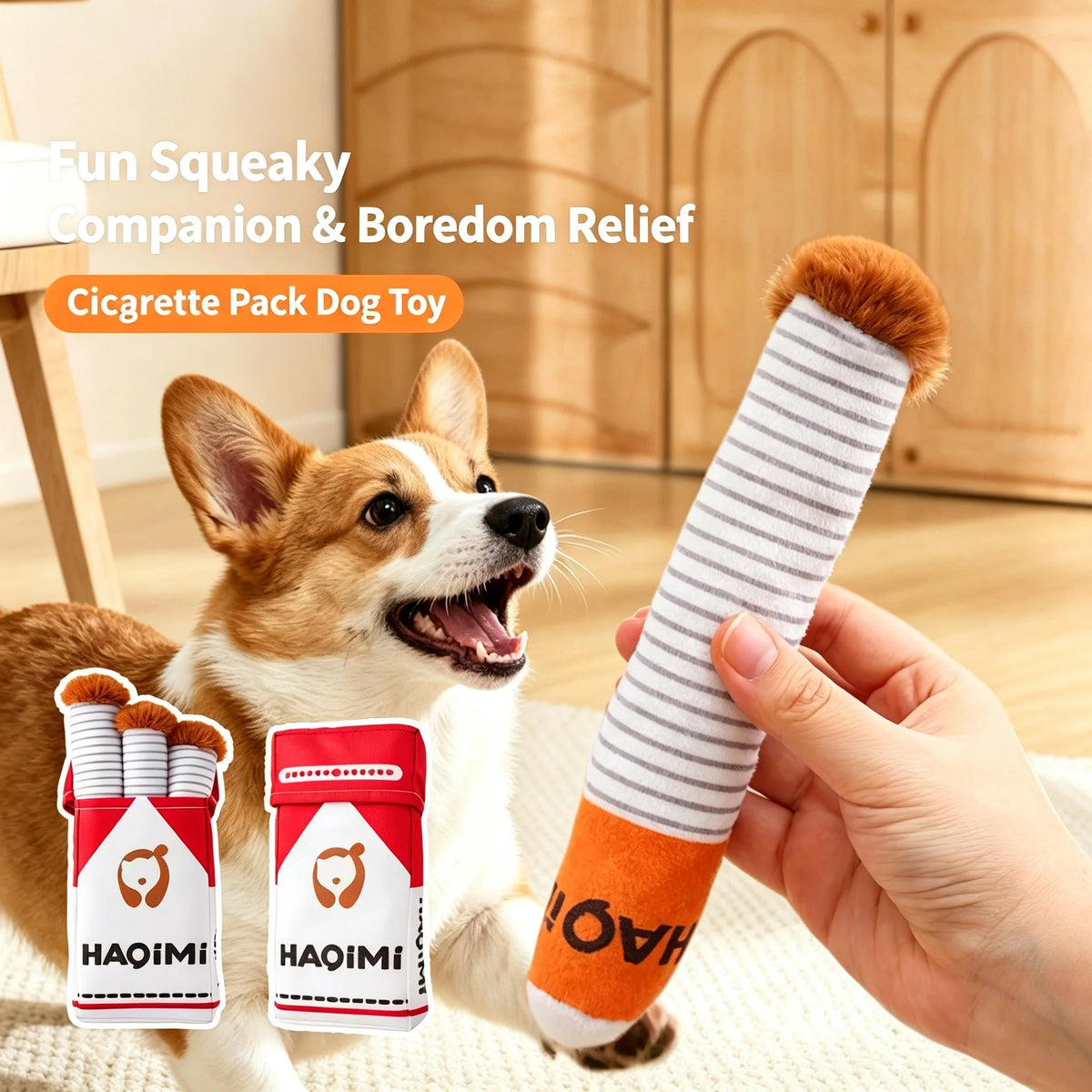 • Funny Cigarette Dog Plush Toy | Squeaky Sound-Making Chew Toy for Boring Times | Durable Teething & Biting Toy for Small & Medium Dogs 🐶✨