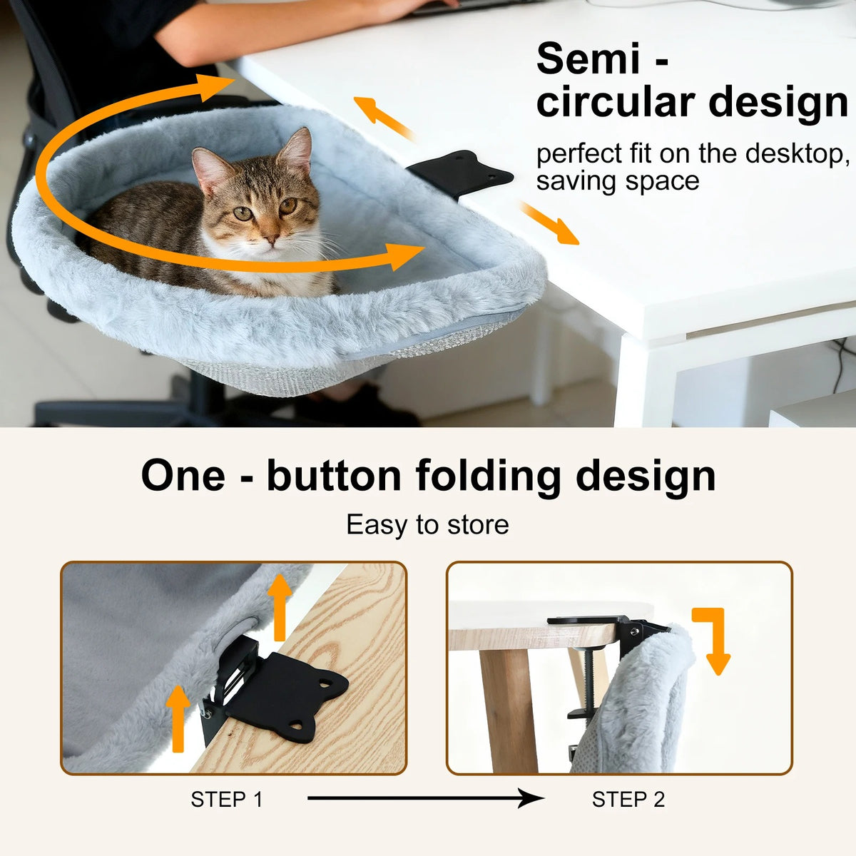 Cat Desk Bed with One-Click Folding | Space-Saving Sunken Semi-Circular Hammock | Desk-Edge Perch for Home Office Indoor Cats 🐱🏢