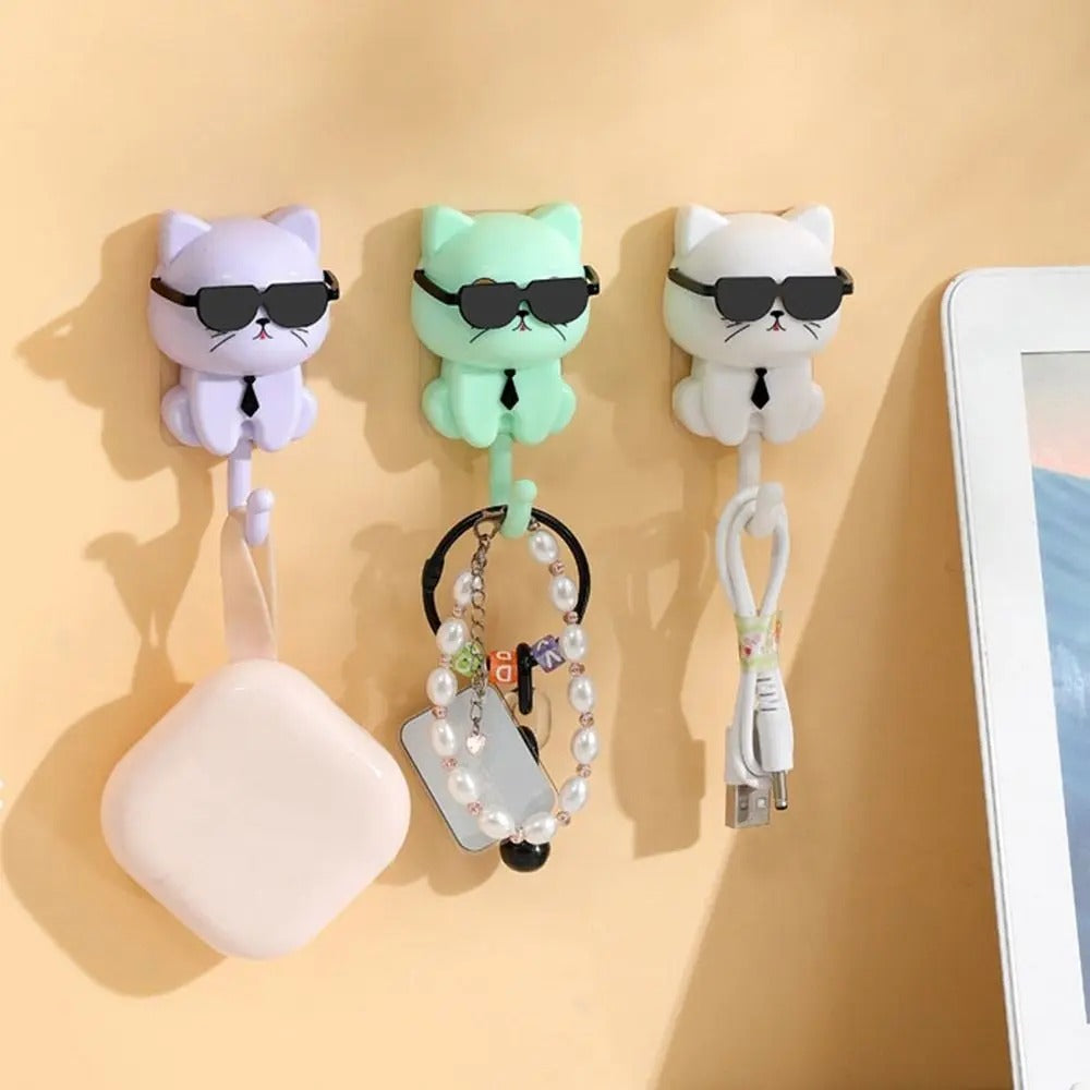 Creative Cartoon Cat Wall Hooks | Decorative Sunglasses Cat Key Hangers | Waterproof Plastic Sticky Utility Hooks for Kitchen, Bathroom & Hallway 🕶️🔑
