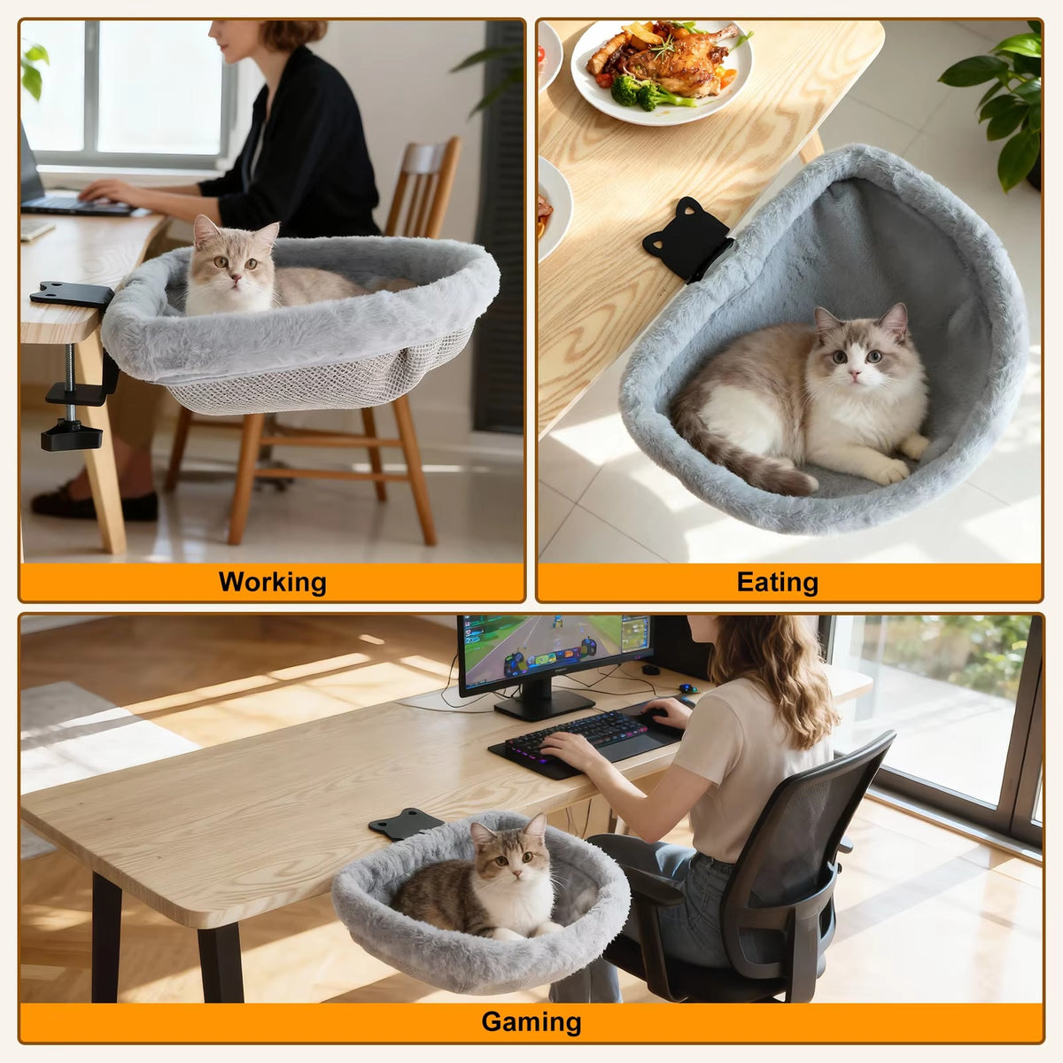 Cat Desk Bed with One-Click Folding | Space-Saving Sunken Semi-Circular Hammock | Desk-Edge Perch for Home Office Indoor Cats 🐱🏢