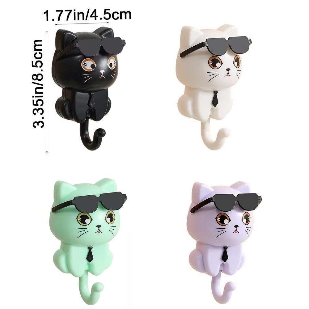 Creative Cartoon Cat Wall Hooks | Decorative Sunglasses Cat Key Hangers | Waterproof Plastic Sticky Utility Hooks for Kitchen, Bathroom & Hallway 🕶️🔑