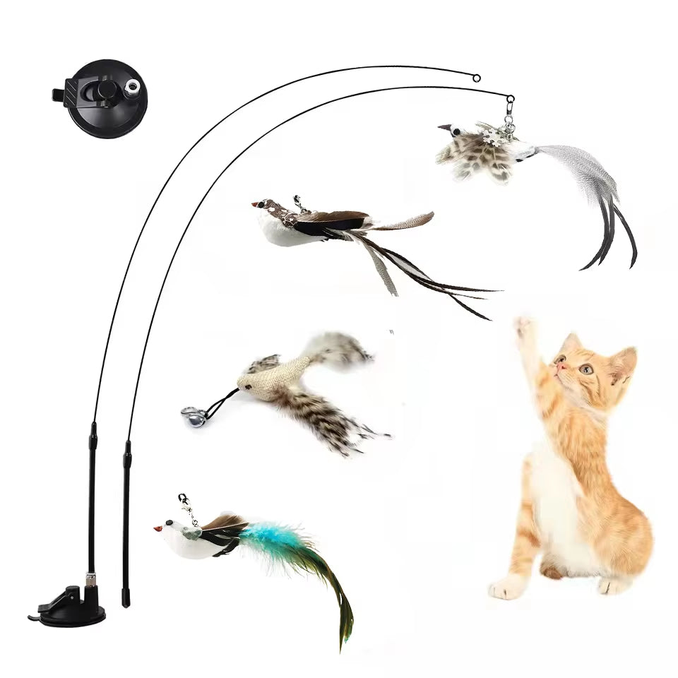 Simulation Bird Interactive Cat Stick Toy – Funny Furry Feather Bird with Bell & Suction Cup (Kitten Playing Pet Accessories)