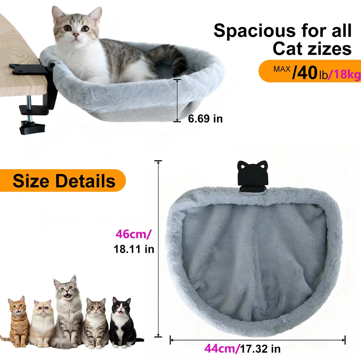 Cat Desk Bed with One-Click Folding | Space-Saving Sunken Semi-Circular Hammock | Desk-Edge Perch for Home Office Indoor Cats 🐱🏢