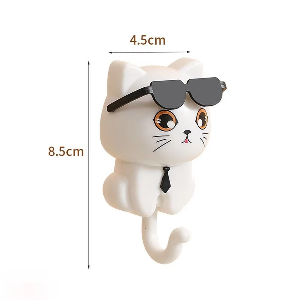 Creative Cartoon Cat Wall Hooks | Decorative Sunglasses Cat Key Hangers | Waterproof Plastic Sticky Utility Hooks for Kitchen, Bathroom & Hallway 🕶️🔑