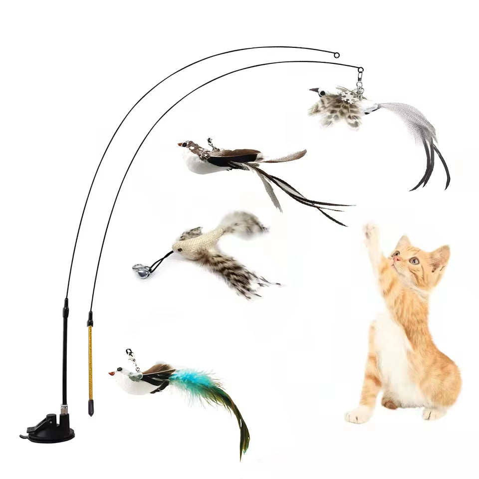 Simulation Bird Interactive Cat Stick Toy – Funny Furry Feather Bird with Bell & Suction Cup (Kitten Playing Pet Accessories)