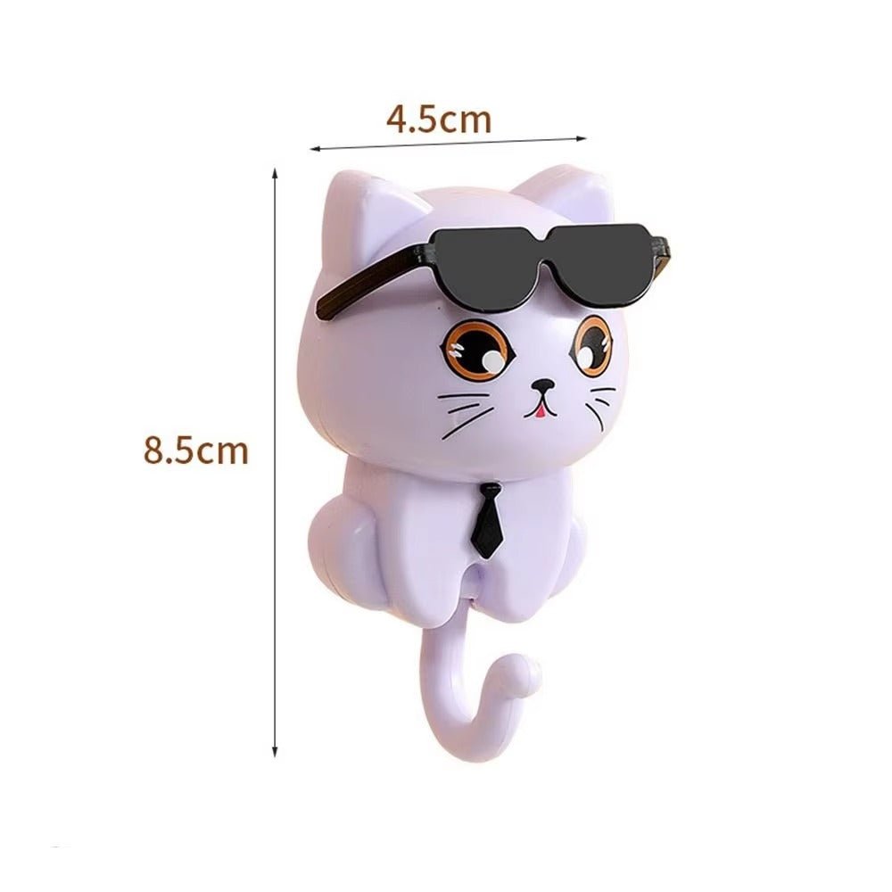 Creative Cartoon Cat Wall Hooks | Decorative Sunglasses Cat Key Hangers | Waterproof Plastic Sticky Utility Hooks for Kitchen, Bathroom & Hallway 🕶️🔑