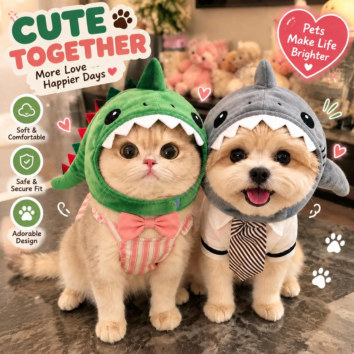 2 Pack Cute Cat Halloween Costumes, Warm Dinosaur & Shark Plush Cat Hats