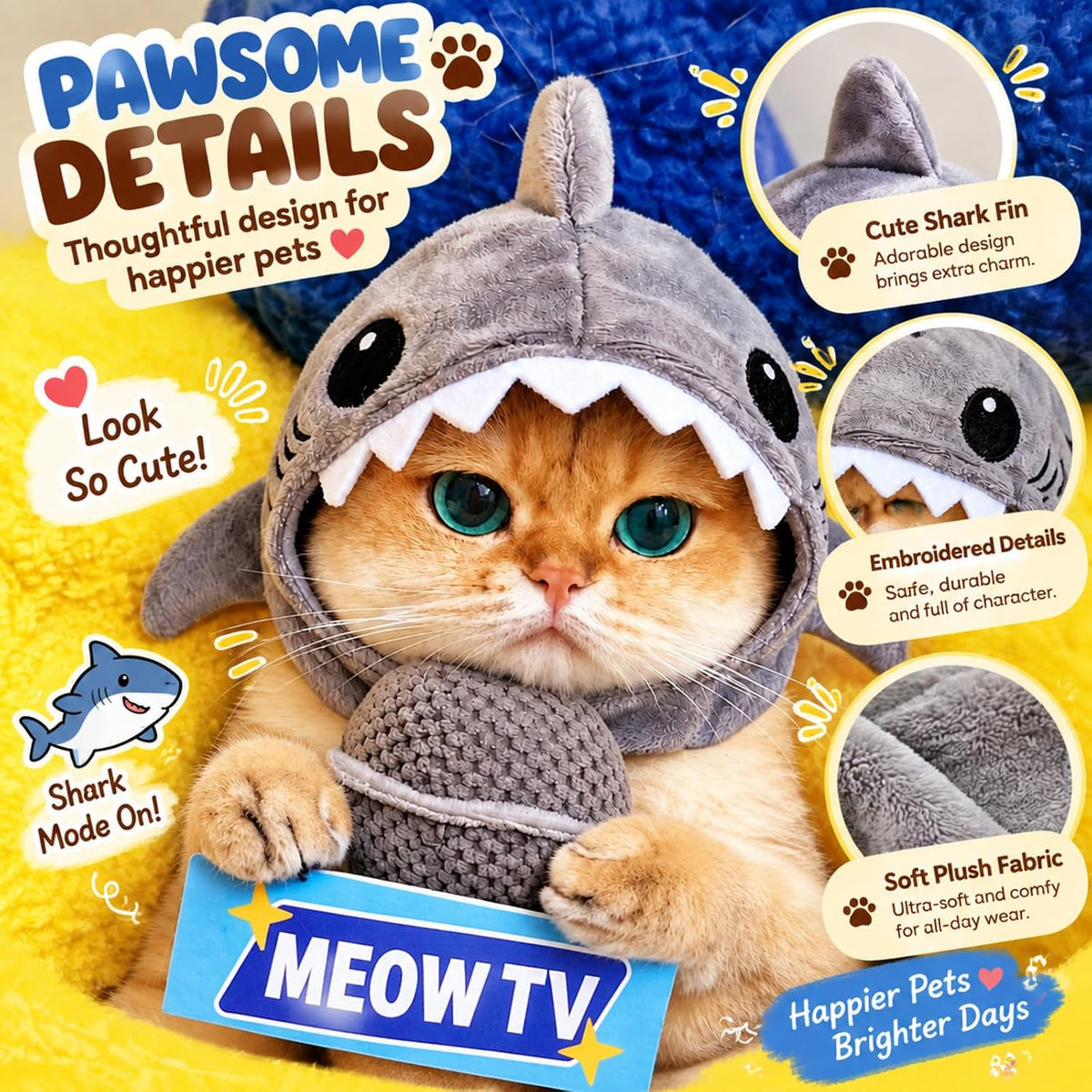 2 Pack Cute Cat Halloween Costumes, Warm Dinosaur & Shark Plush Cat Hats