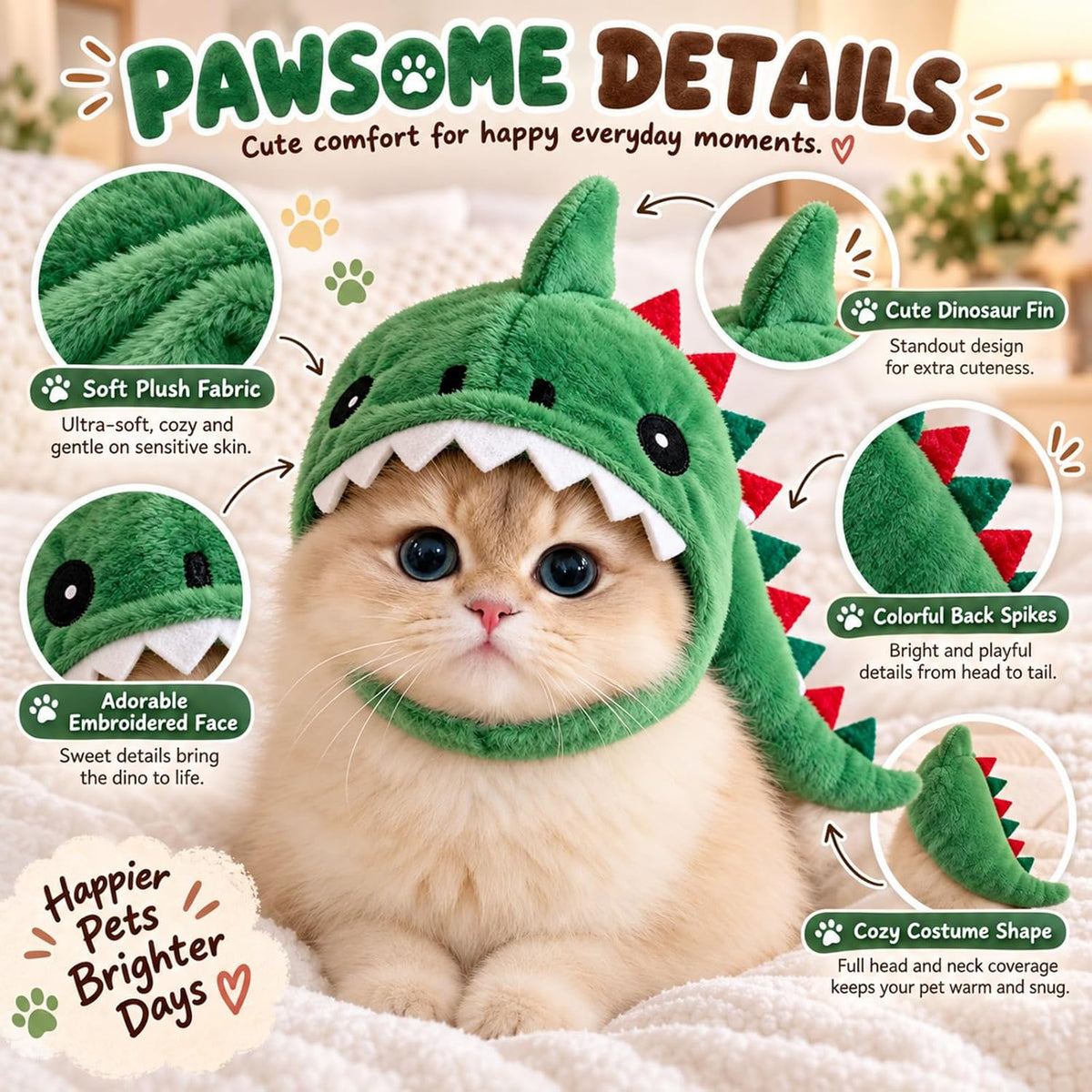 2 Pack Cute Cat Halloween Costumes, Warm Dinosaur & Shark Plush Cat Hats