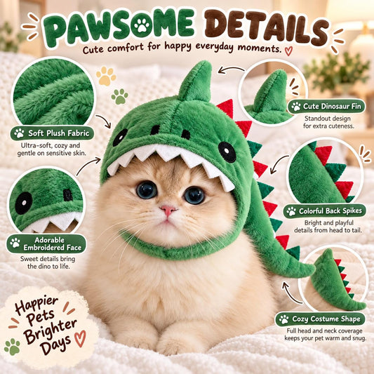2 Pack Cute Cat Halloween Costumes, Warm Dinosaur & Shark Plush Cat Hats