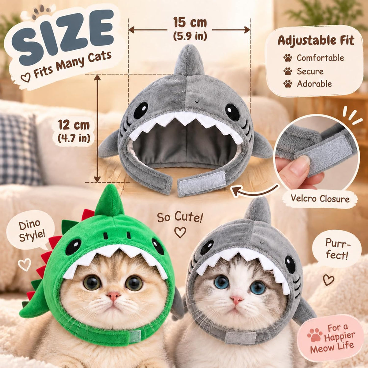 2 Pack Cute Cat Halloween Costumes, Warm Dinosaur & Shark Plush Cat Hats
