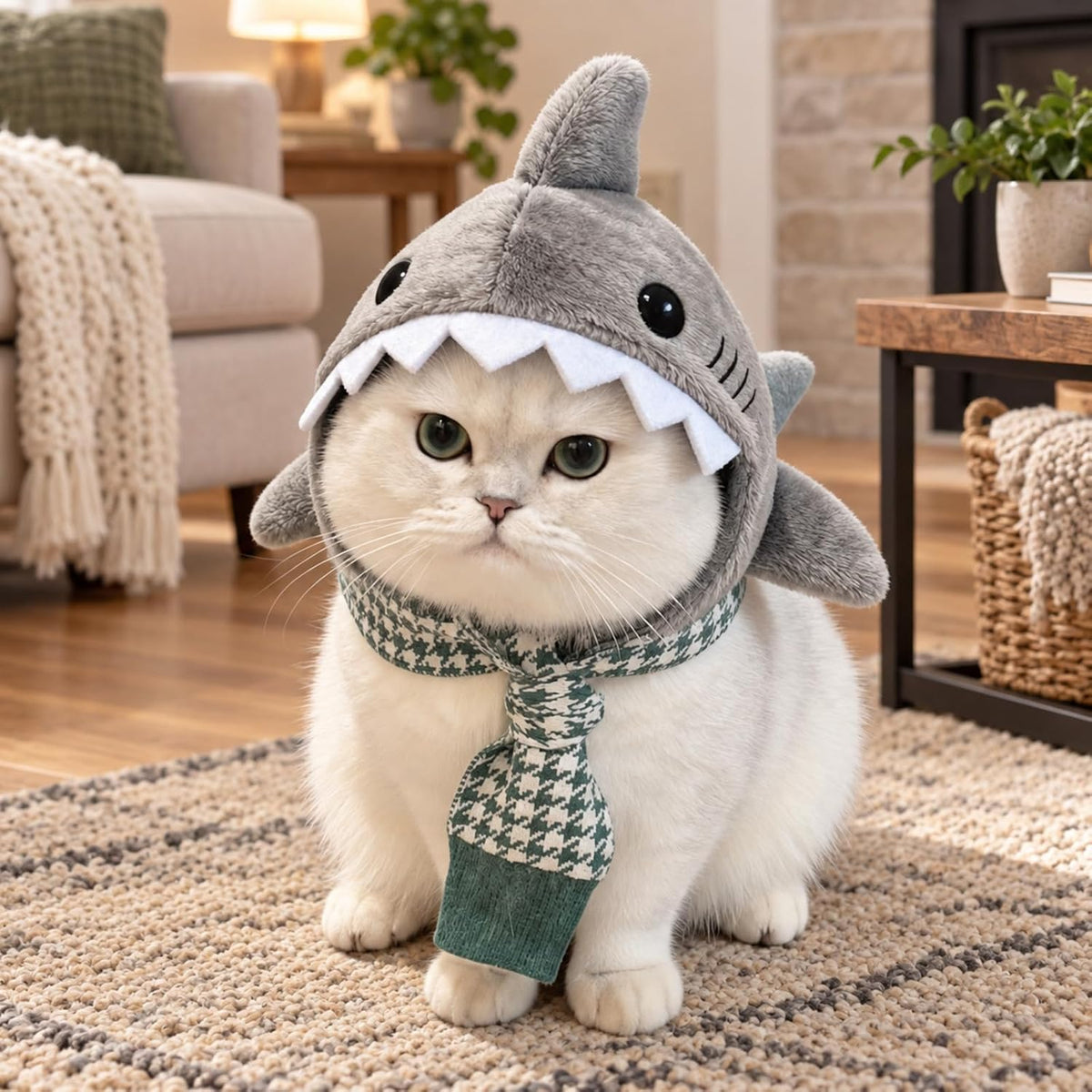 2 Pack Cute Cat Halloween Costumes, Warm Dinosaur & Shark Plush Cat Hats