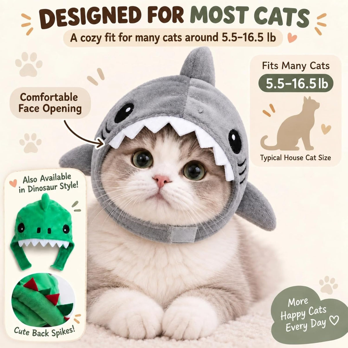 2 Pack Cute Cat Halloween Costumes, Warm Dinosaur & Shark Plush Cat Hats