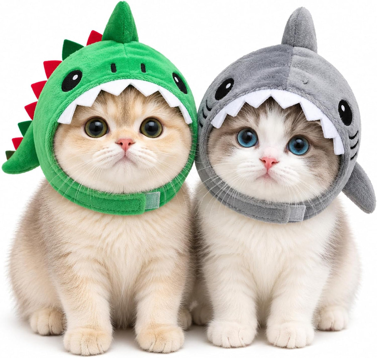 2 Pack Cute Cat Halloween Costumes, Warm Dinosaur & Shark Plush Cat Hats