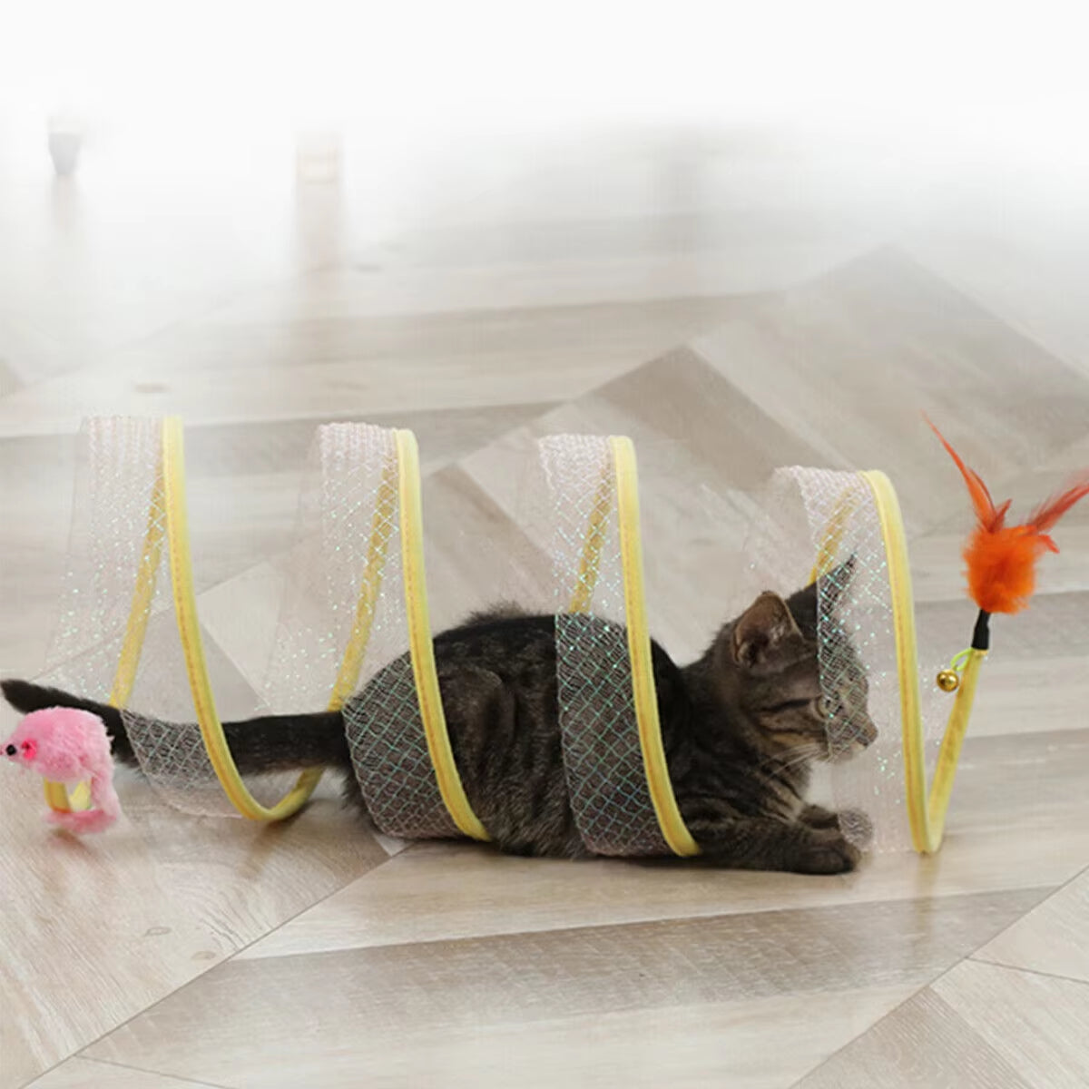 🐱 S-Shaped Foldable Cat Tunnel Toy 🐾 | Crinkle Play Tunnel with Hanging Balls & Mouse Toy 🐭🎾